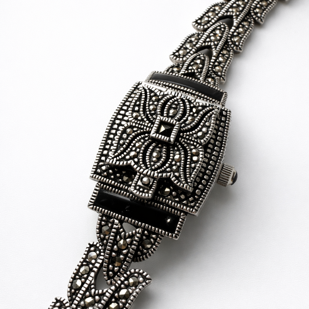 Oleg Cassini Sterling Silver Marcasite Bracelet Watch