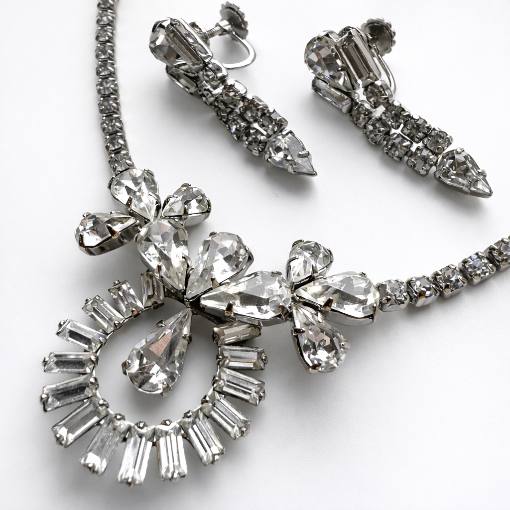Sherman Clear Rhinestone Necklace and Earrings Set